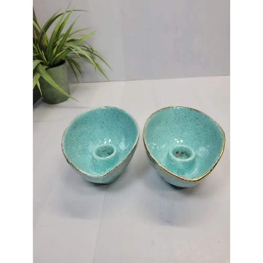 Vintage California Pottery 914 Candle Holders Aqua Gold Speckled MCM Teardrop